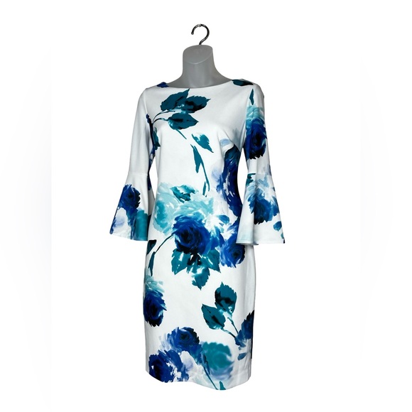 Calvin Klein floral bell-sleeve sheath dress white blue floral pattern - Picture 2 of 12